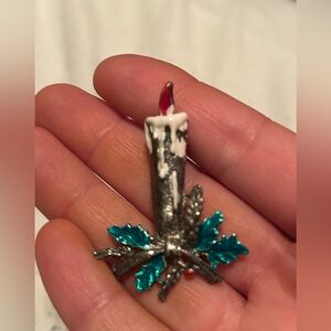 Festive Candle Brooch with Holly Leaves